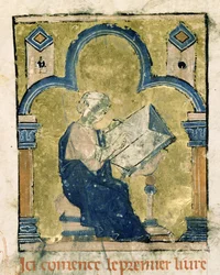 Fr 2631 f.1 Posible autorretrato de Guillermo de Tiro escribiendo en su escritorio, de Estoire d
